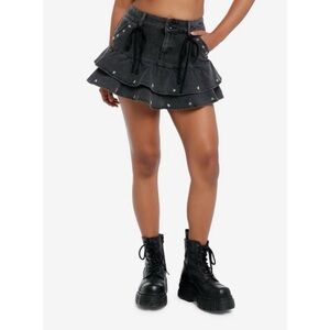 Social Collision Star Stud Ribbon Mini Skirt Ruffles Bows Grunge Grey Black